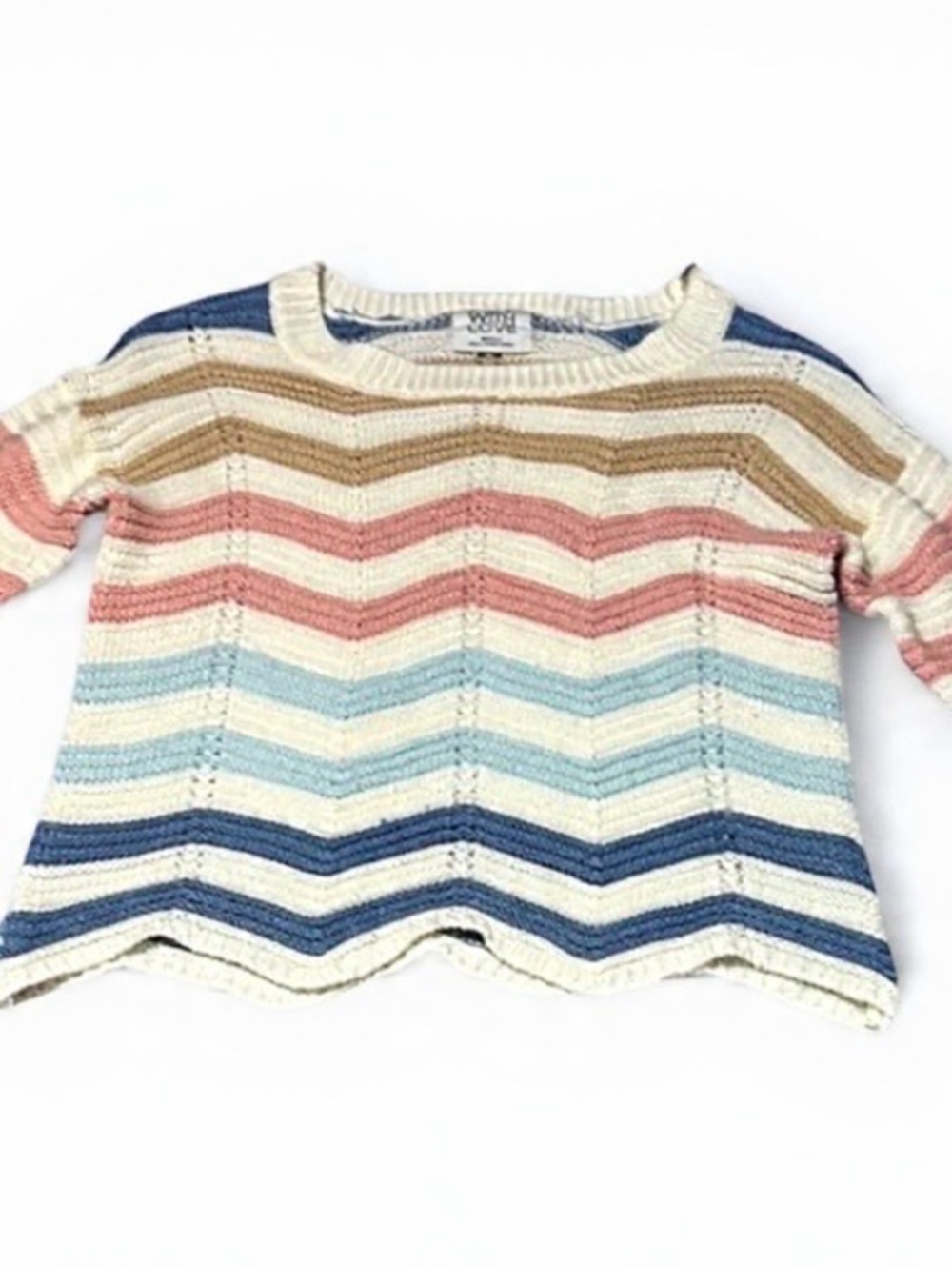 FCT With Love Small Chevron Stripe Sweater Pastel Pink Blue Tan Lightweight Knit